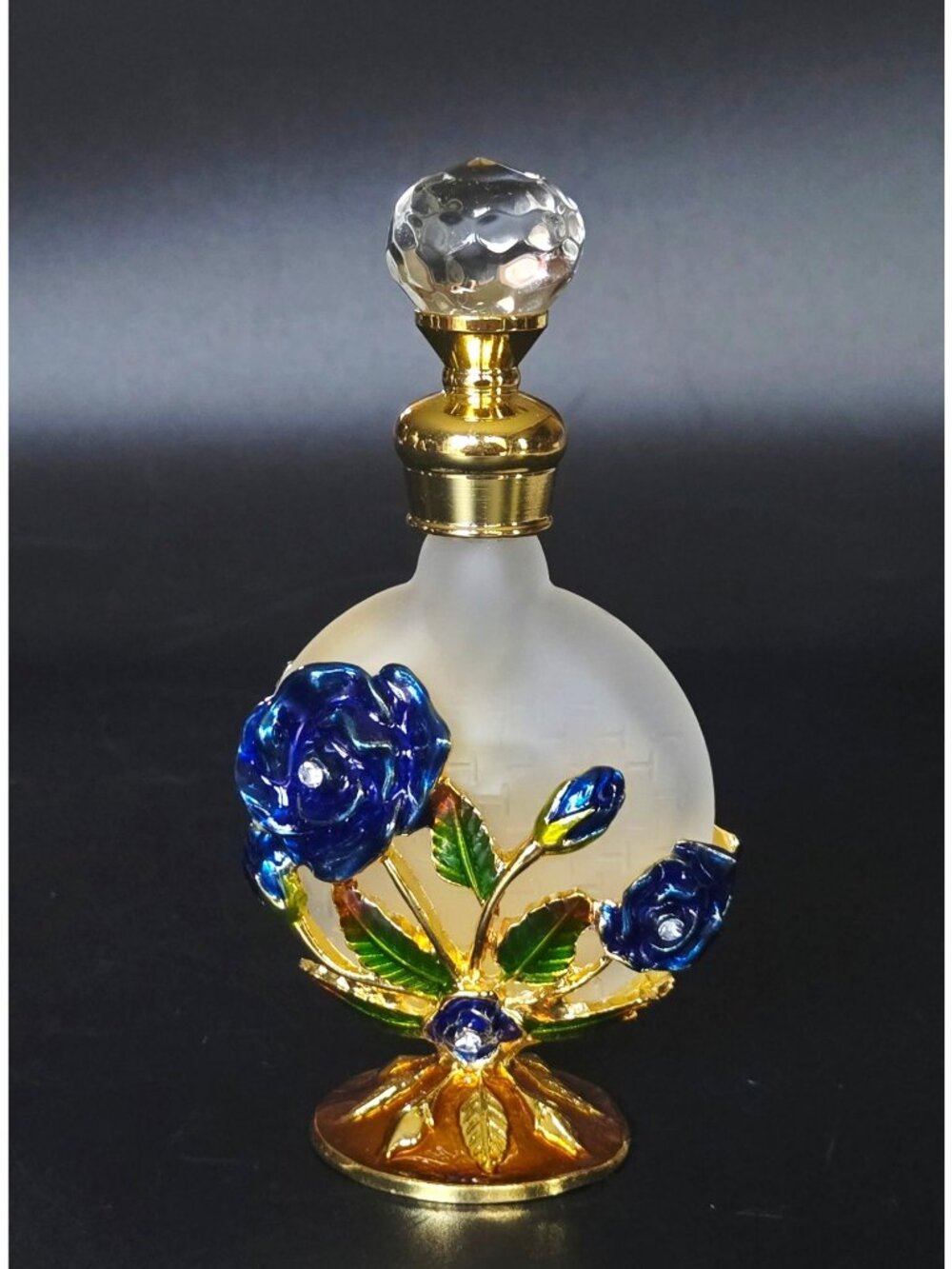 Decorative Gold & Blue Enameled Perfume Bottle With Glass Stopper